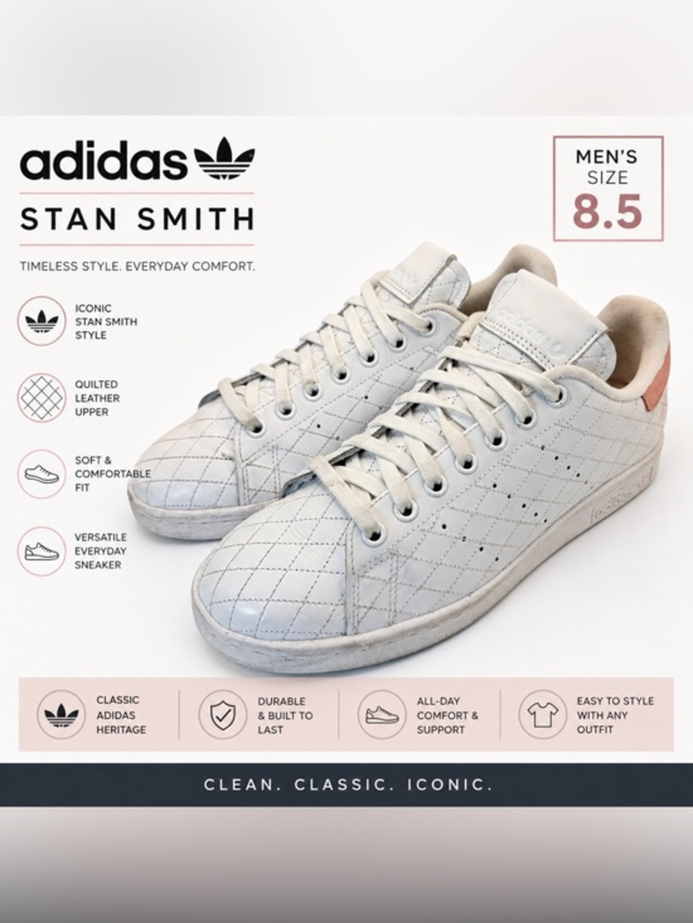 Adidas Stan Smith Quilted Leather Sneakers | White/Pink | Men’s Size 8.5